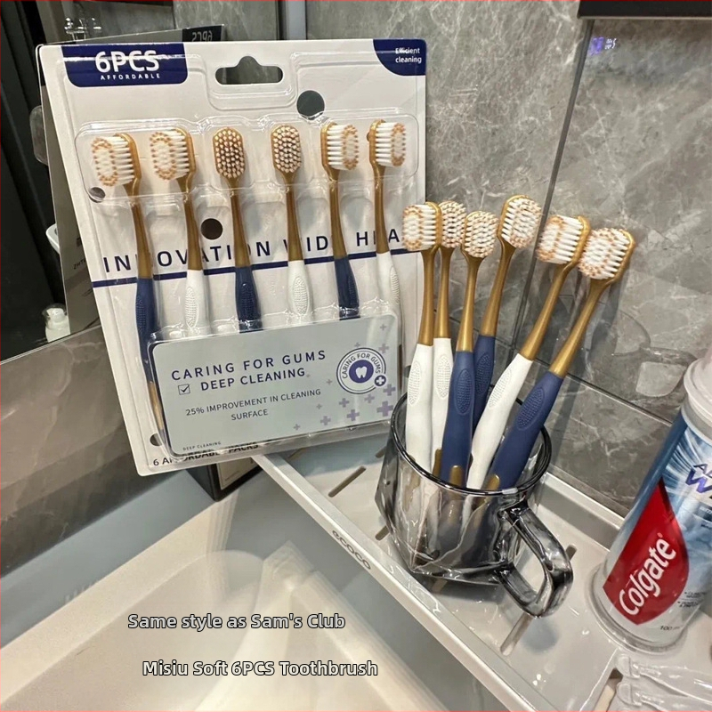 Rankinis dantų šepetėlis, 6 vnt rinkinys, plati galva, minkštos šerelės, gilus valymas