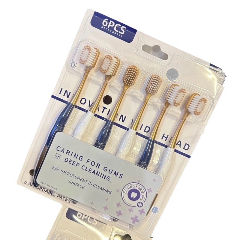 Rankinis dantų šepetėlis, 6 vnt rinkinys, plati galva, minkštos šerelės, gilus valymas