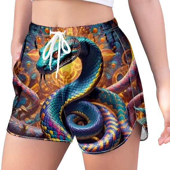Šorti ar 3D druku čūsku sērijā — elastīgs jostas vieta; 50% poliestera; Milk Silk audums; digitālā apdruka; rudens 2024