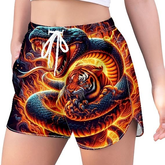 Šorti ar 3D druku čūsku sērijā — elastīgs jostas vieta; 50% poliestera; Milk Silk audums; digitālā apdruka; rudens 2024