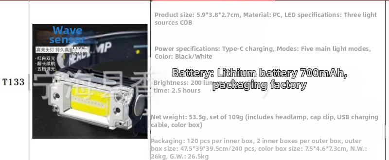 Star Warrior USB презареждаща LED лампа за шапка с клип и магнит, 5W, 500mAh, USB зареждане, обхват 50–100 m, подходяща за походи, къмпинг и нощен риболов