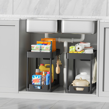 Dvigubo sluoksnio plastikinis laikymo stovas virtuvei ir voniai, daugiafunkcinis, ištraukiamas, nuimamas ir plaunamas — 1,07 kg