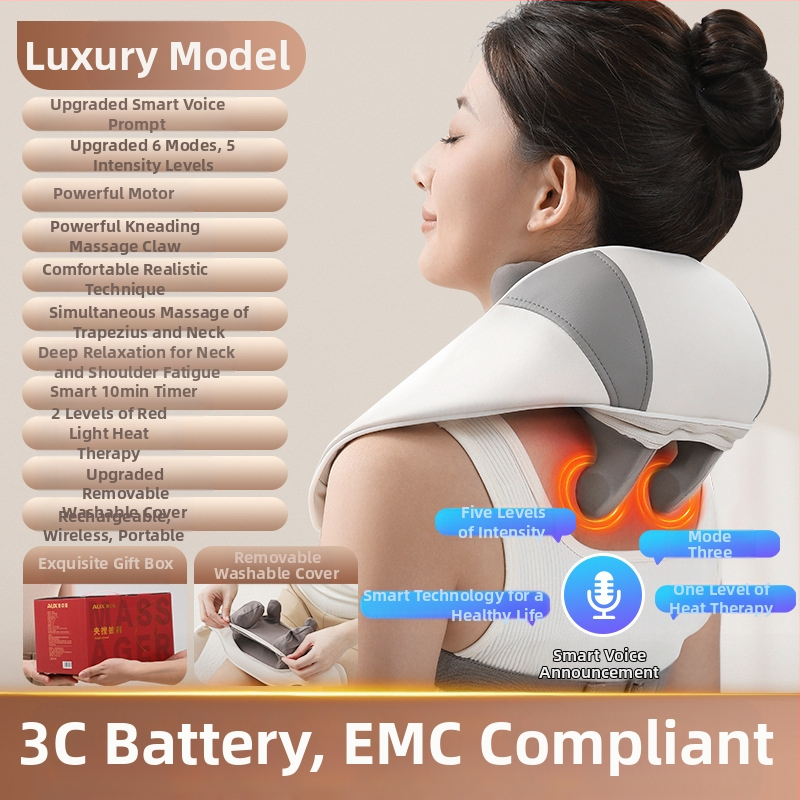 Aux/Aox masažer s 6 glavama za gnječenje i topli kompres za ramena i vrat, grijanje vrata, bežični punjiv, model AJA-05D-807, 3 brzine, tajmer, PU koža