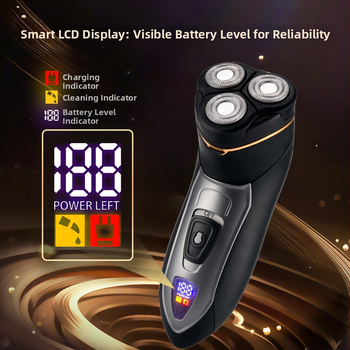 Ανδρική ηλεκτρική ξυριστική μηχανή με επιπλέουσα περιστροφική κεφαλή, ενσωματωμένη μπαταρία 500–800 mAh, αυτονομία έως 120 λεπτά, πλήρως πλενόμενη για ολόκληρο το σώμα, υγρά και ξηρή χρήση