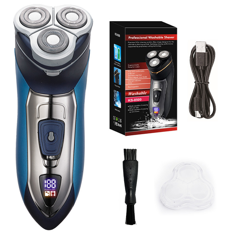 Ανδρική ηλεκτρική ξυριστική μηχανή με επιπλέουσα περιστροφική κεφαλή, ενσωματωμένη μπαταρία 500–800 mAh, αυτονομία έως 120 λεπτά, πλήρως πλενόμενη για ολόκληρο το σώμα, υγρά και ξηρή χρήση