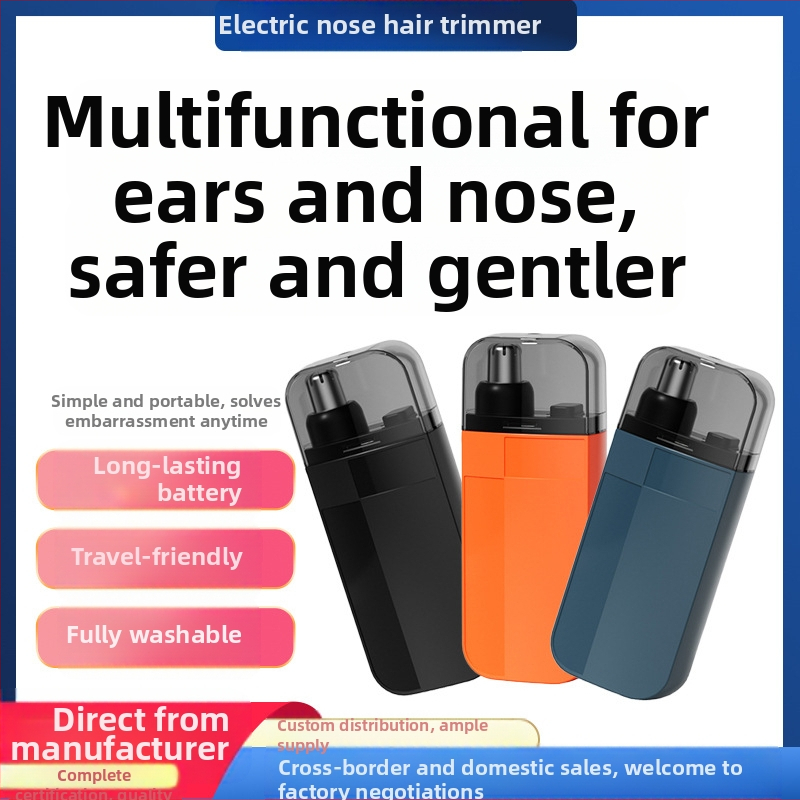 Elektrinis nosies plaukų kirpimo trimeris — įkraunamas, ABS korpusas, pilnai plaunamas, įmontuota baterija 100–300 mAh, baterijos veikimo laikas daugiau nei 7 dienos