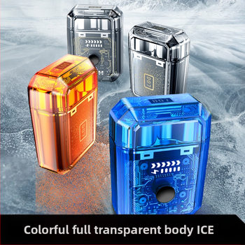 Ηλεκτρική ξυριστική μηχανή με μίνι διαφανή διπλή κεφαλή και μαγνητικό σχεδιασμό — χωρίς ψήκτρες κινητήρας, ενσωματωμένη μπαταρία 300–500 mAh, αυτονομία 60 λεπτών, κεφαλή περιστροφής με δύο λεπίδες, πλήρες πλύσιμο σώματος