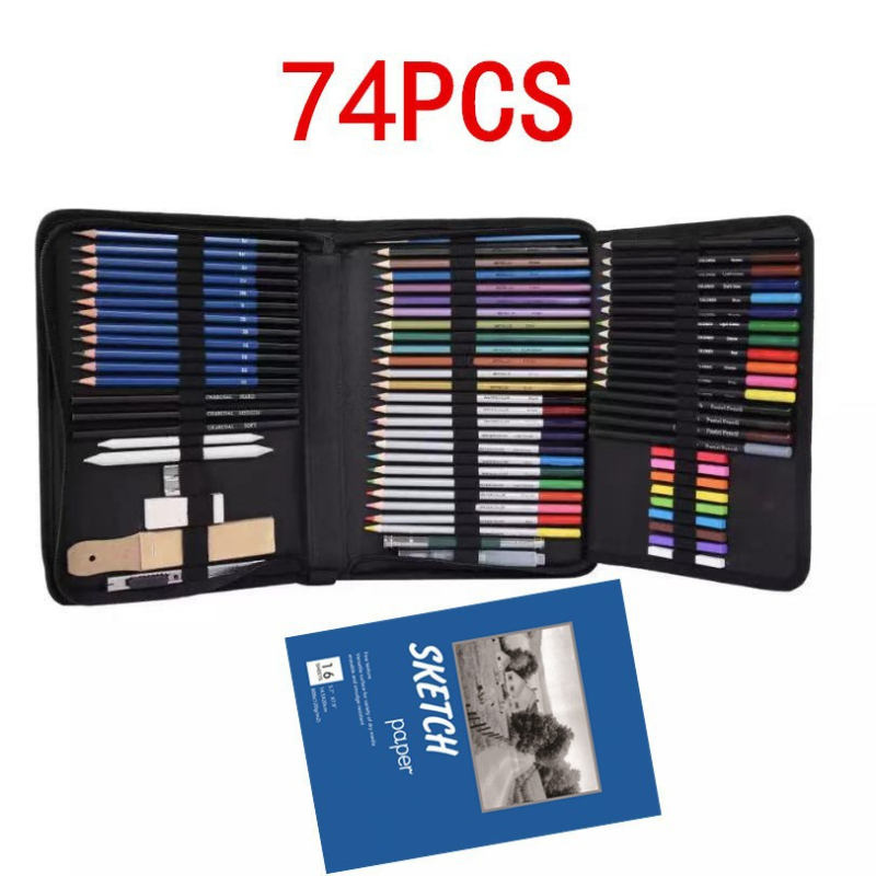 Eskizų pieštukų rinkinys, vandens tirpstantys, 74 vnt., medinis korpusas, Yugong Yuzhen; Pakuotė: sulankstoma nailoninė užtrauktukų kišenė