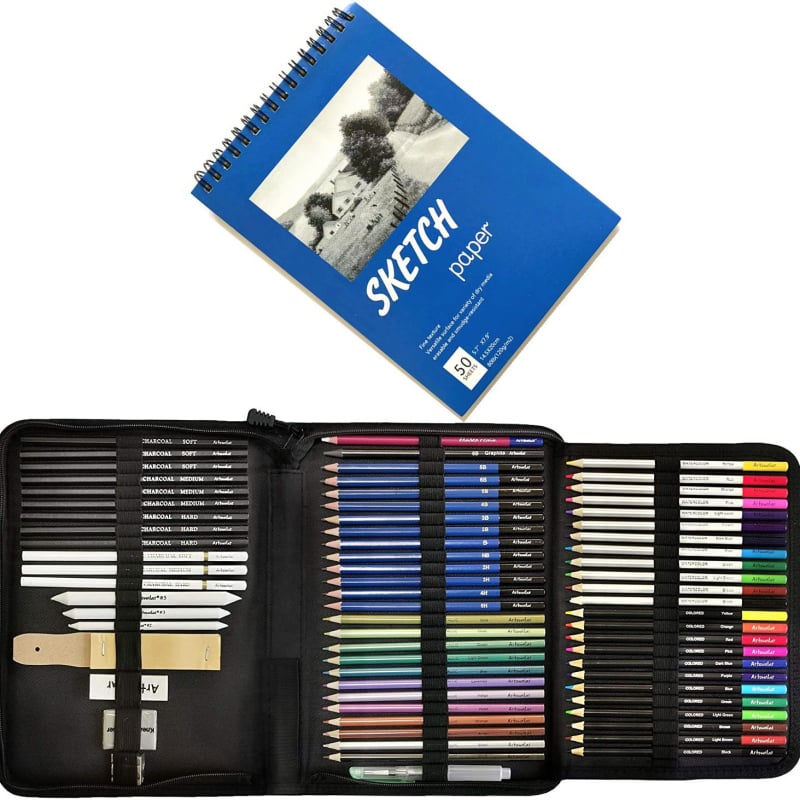 Eskizų pieštukų rinkinys, vandens tirpstantys, 74 vnt., medinis korpusas, Yugong Yuzhen; Pakuotė: sulankstoma nailoninė užtrauktukų kišenė