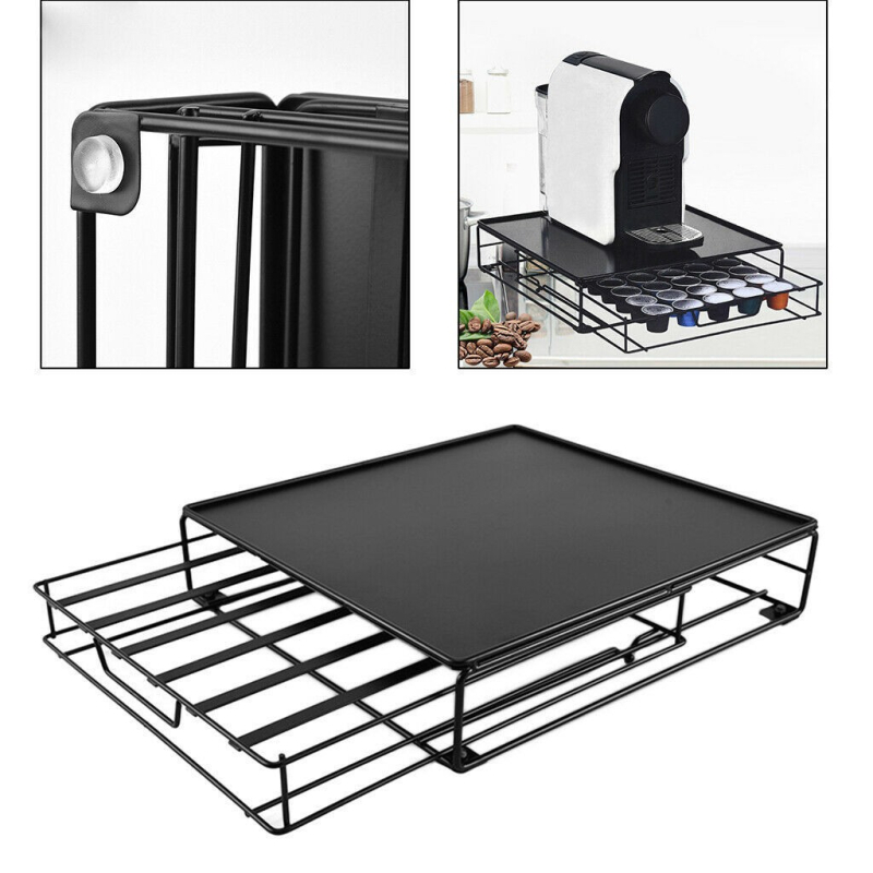 Japonijos stiliaus kavos kapsulių laikiklis, 40 skyrių, geležinės vielos konstrukcija, šiuolaikiškas minimalistinis metalinis dėklas su stalčiumi