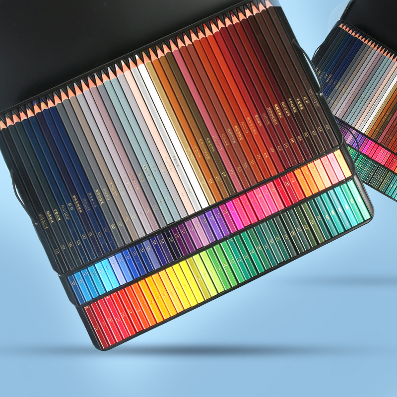 Piašymo pieštukų komplektas su mediniu korpusu, kvadratinio dizaino, pakuojamas į geležinę dėžę