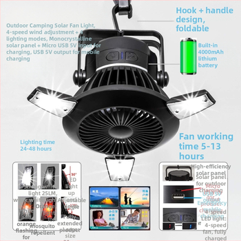 Εξωτερικός ηλιακός ανεμιστήρας κάμπινγκ με φως και εντομοαπωθητικό (LM-04U01T; ηλιακή φόρτιση 5V 100mA; USB φόρτιση 5V 2A (4–6 ώρες φόρτιση); Υλικό ABS)