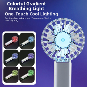 Rankinis USB įkraunamas lauko mini ventiliatorius su 1200–2000mAh baterija, bešepetėlinis variklis, 3 greičiai, aplinkos apšvietimas