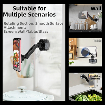 Стойка за телефон за бюро с магнитно вакуумно засмукване, въртяща се, за стена и плот, универсална за кухня и баня, от алуминиева сплав