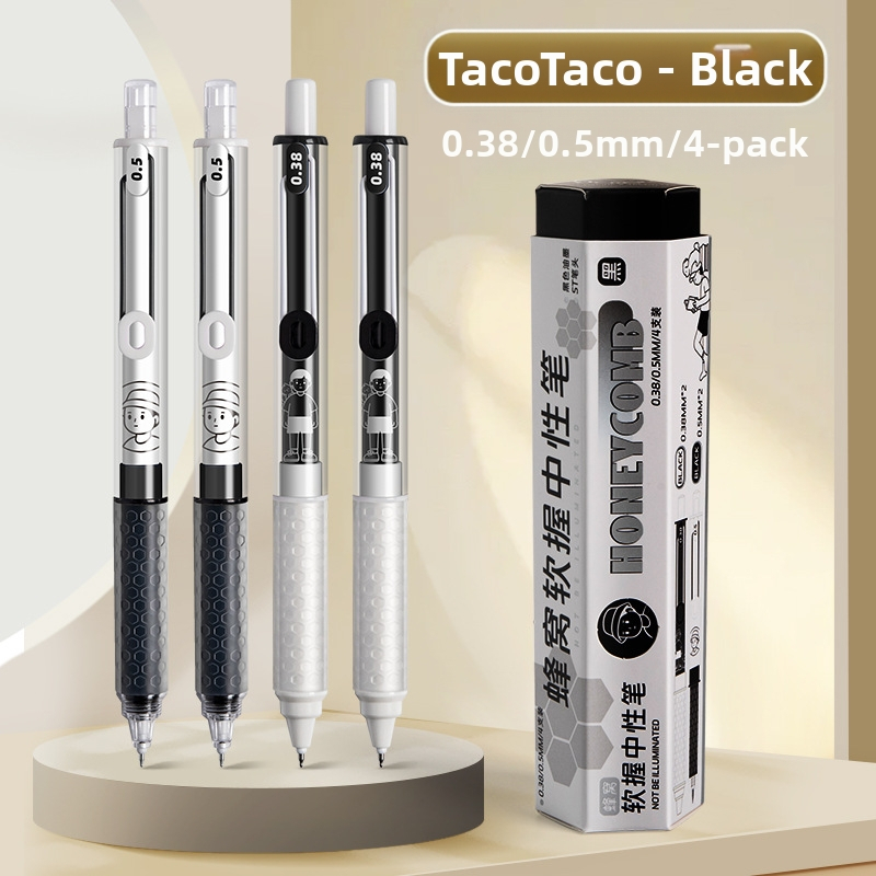 Gelio rašiklis Wheat and TACOTACO su avilių plokštelių tekstūra ir minkštu laikymu, 4 vnt. rinkinys sešiakampėje dėžutėje