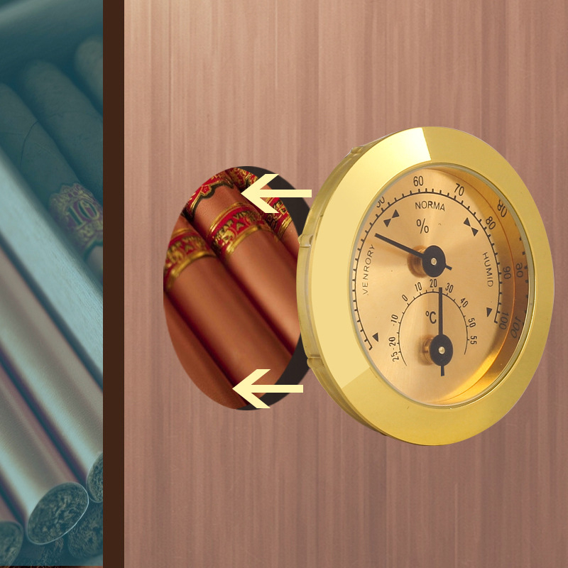 Iebūvēts 50 mm ciparnīcas temperatūras un mitruma mērītājs ar indikatoru – mājas lietošanai, piemērots cigāru kastēm un humidoram, temperatūras diapazons 0–50°C, izšķirtspēja 0,1°C