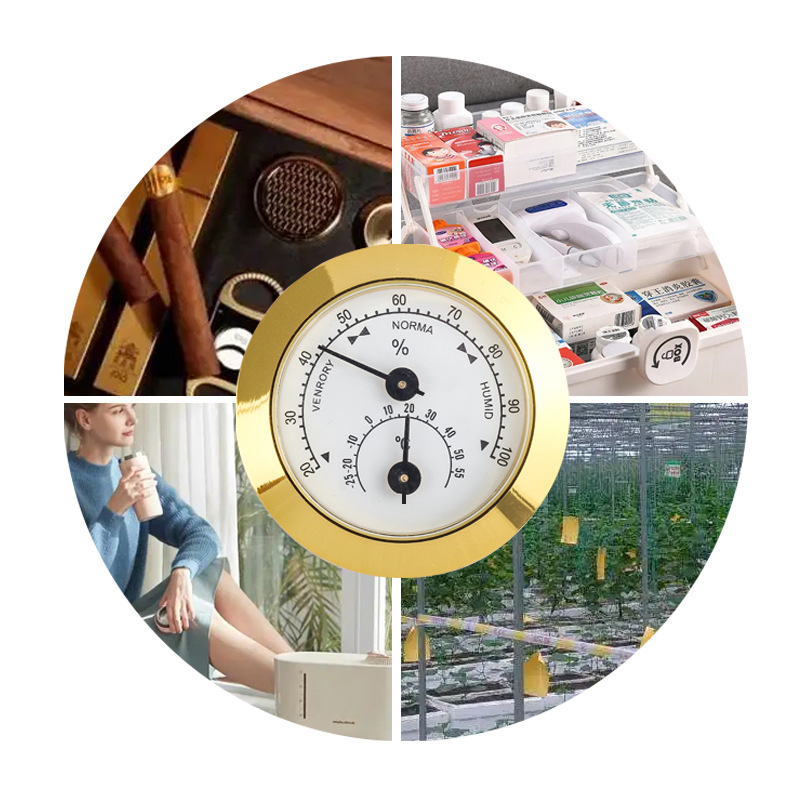 Iebūvēts 50 mm ciparnīcas temperatūras un mitruma mērītājs ar indikatoru – mājas lietošanai, piemērots cigāru kastēm un humidoram, temperatūras diapazons 0–50°C, izšķirtspēja 0,1°C