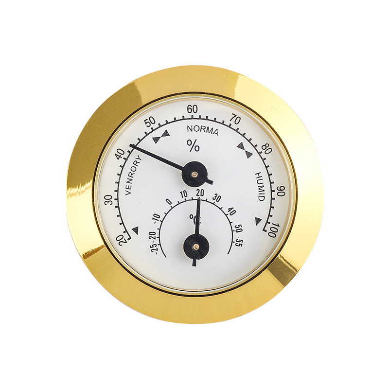 Iebūvēts 50 mm ciparnīcas temperatūras un mitruma mērītājs ar indikatoru – mājas lietošanai, piemērots cigāru kastēm un humidoram, temperatūras diapazons 0–50°C, izšķirtspēja 0,1°C