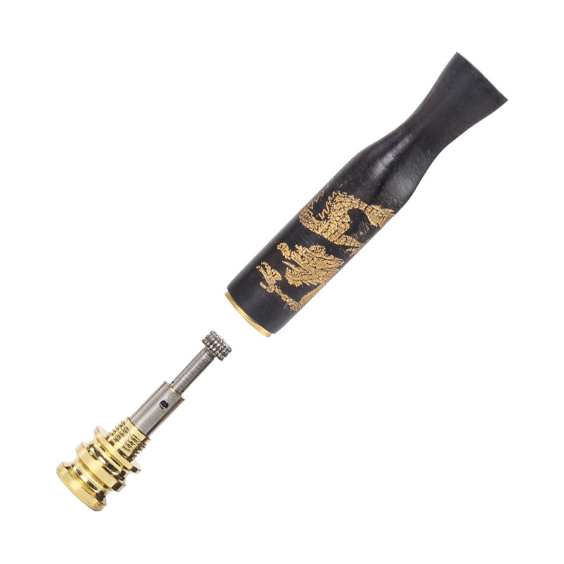 Ebona koka cigarešu turētājs ar drakona gravējumu, divpusējs filtrs – vidējais un smalkais, mazgājamā cieta koka dizains