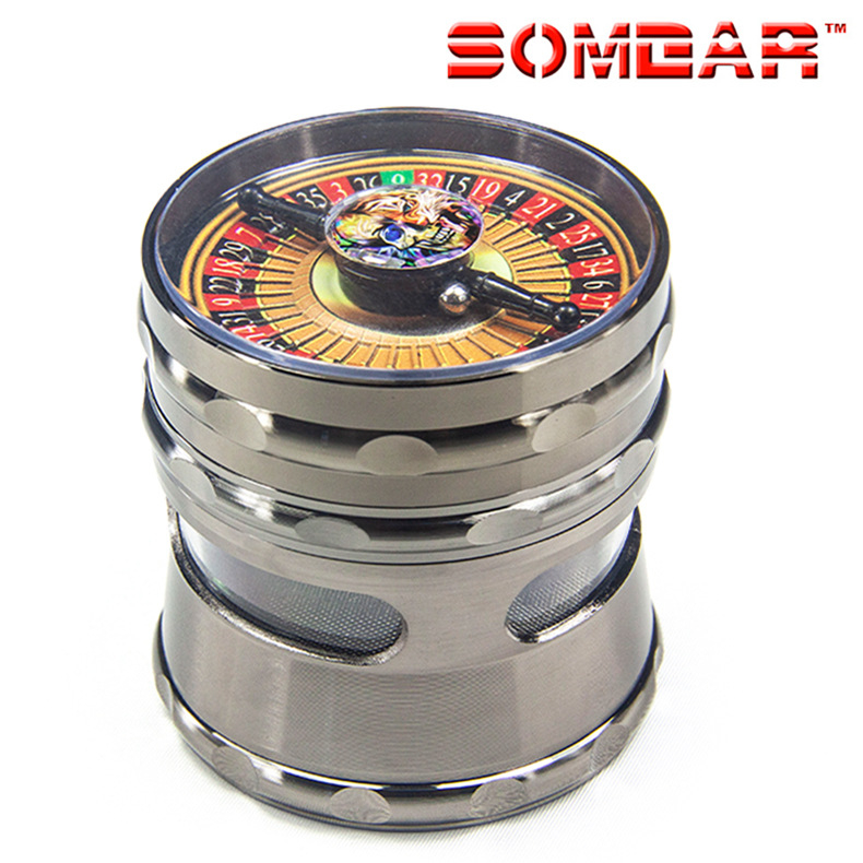 Cinka sakausējuma rokas tabakas smalcinātājs ar logu, četrslāņu dizains, pielāgošanas iespēja apstrādei