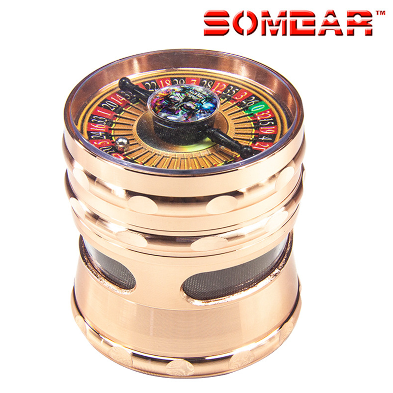 Cinka sakausējuma rokas tabakas smalcinātājs ar logu, četrslāņu dizains, pielāgošanas iespēja apstrādei