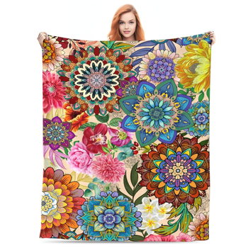Flanelė pledas su mandalos gėlių raštu, poliesterio pluoštas, svoris mažiau nei 300 g, visų metų sezonams, šiuolaikiškas minimalistinis stilius
