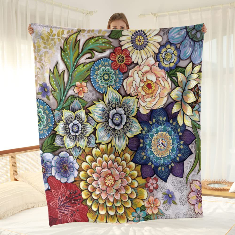Flanelė pledas su mandalos gėlių raštu, poliesterio pluoštas, svoris mažiau nei 300 g, visų metų sezonams, šiuolaikiškas minimalistinis stilius