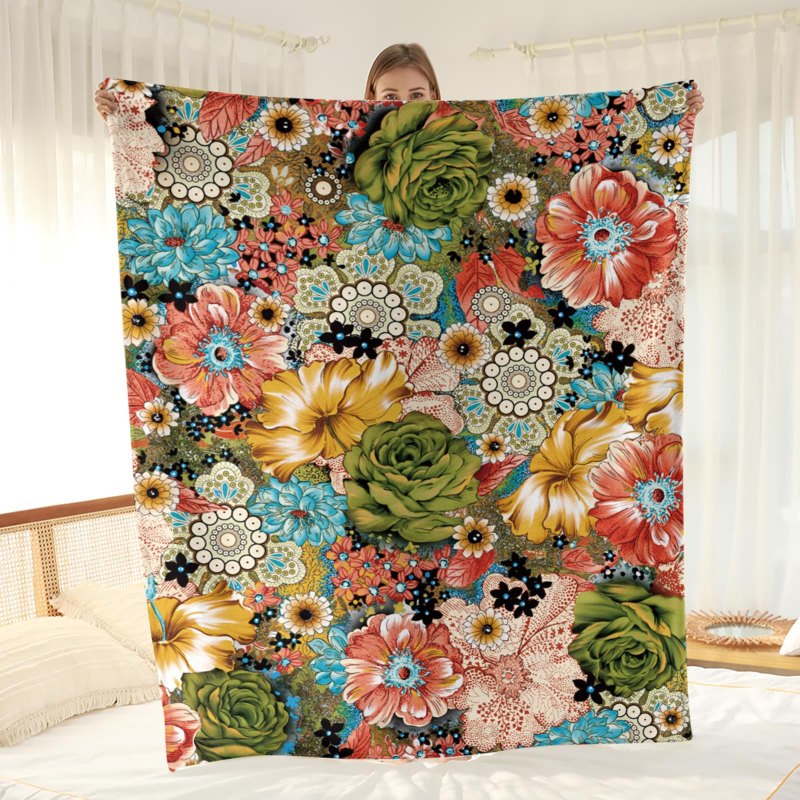 Flanelė pledas su mandalos gėlių raštu, poliesterio pluoštas, svoris mažiau nei 300 g, visų metų sezonams, šiuolaikiškas minimalistinis stilius