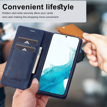 Husa Samsung flip cu slot pentru card și suport, material PU+TPU, închidere magnetică, protecție împotriva căderilor