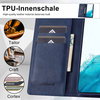 Husa Samsung flip cu slot pentru card și suport, material PU+TPU, închidere magnetică, protecție împotriva căderilor
