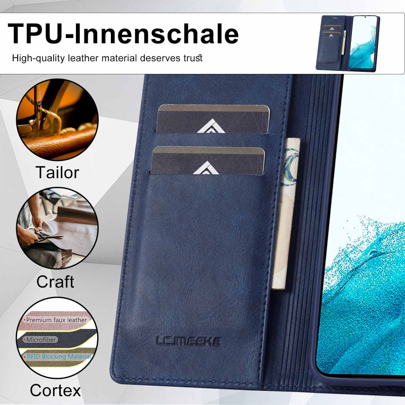 Husa Samsung flip cu slot pentru card și suport, material PU+TPU, închidere magnetică, protecție împotriva căderilor