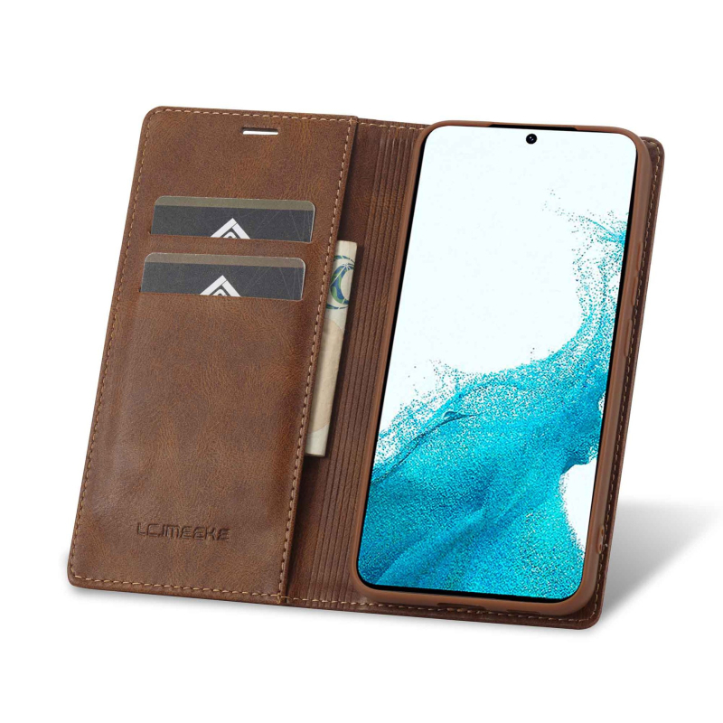 Husa Samsung flip cu slot pentru card și suport, material PU+TPU, închidere magnetică, protecție împotriva căderilor