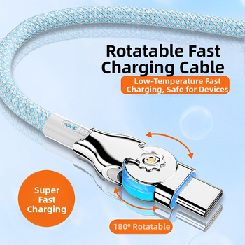 3-в-1 въртящ се ъглов USB кабел с LED индикатор, плетен нейлон, бързо зареждане Type-C/Lightning/Micro USB за автомобил