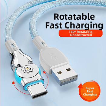 3-в-1 въртящ се ъглов USB кабел с LED индикатор, плетен нейлон, бързо зареждане Type-C/Lightning/Micro USB за автомобил