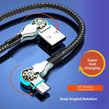 3-в-1 плетен USB-C/Lightning/Micro USB кабел с въртящ се ъгъл и LED осветление