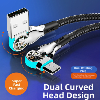 3-в-1 плетен USB-C/Lightning/Micro USB кабел с въртящ се ъгъл и LED осветление