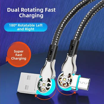 3-в-1 плетен USB-C/Lightning/Micro USB кабел с въртящ се ъгъл и LED осветление