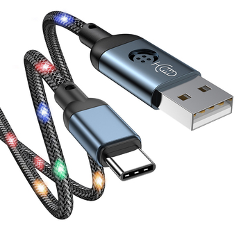 Заряден кабел с един конектор USB-C и Lightning за бързо зареждане, светещ с гласово активиране, плетен кабел, макс. изходна мощност 480