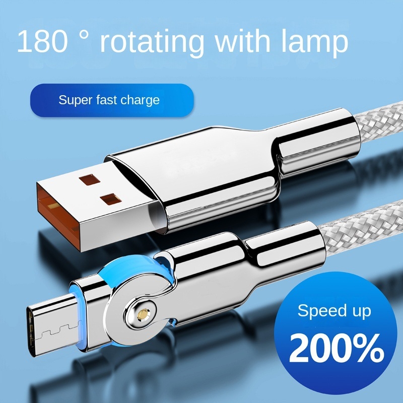 Otočný 3-v-1 dátový kábel zo zliatiny zinku s LED, Type-C/Lightning/Micro-USB, rýchle nabíjanie, jeden konektor, zakrivený dizajn pre hranie na mobile