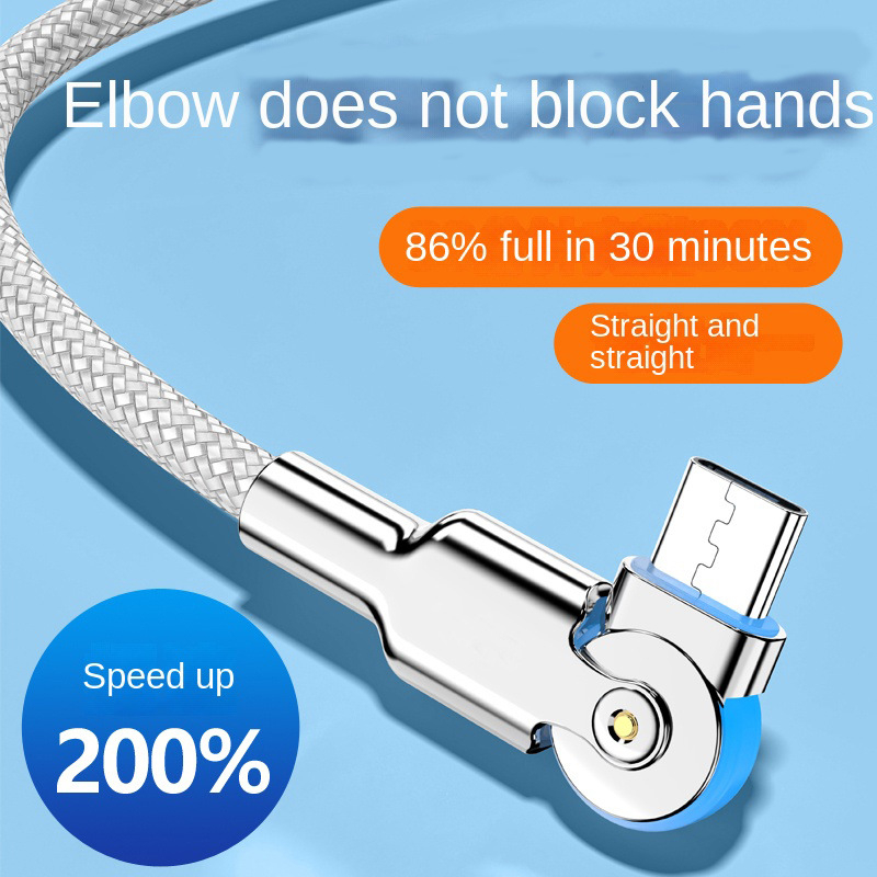 Otočný 3-v-1 dátový kábel zo zliatiny zinku s LED, Type-C/Lightning/Micro-USB, rýchle nabíjanie, jeden konektor, zakrivený dizajn pre hranie na mobile