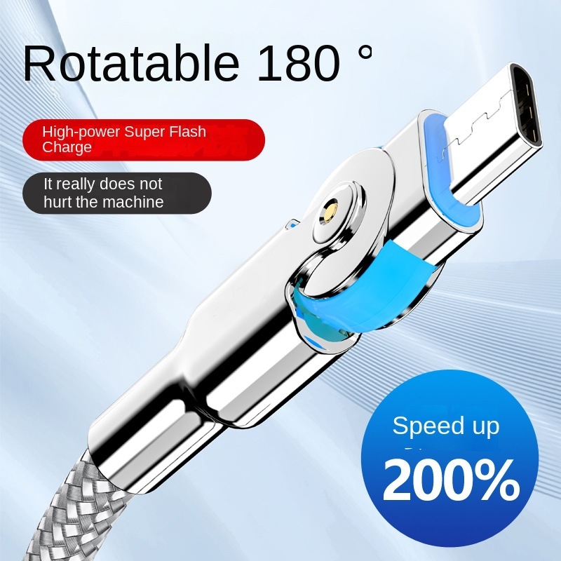 Otočný 3-v-1 dátový kábel zo zliatiny zinku s LED, Type-C/Lightning/Micro-USB, rýchle nabíjanie, jeden konektor, zakrivený dizajn pre hranie na mobile