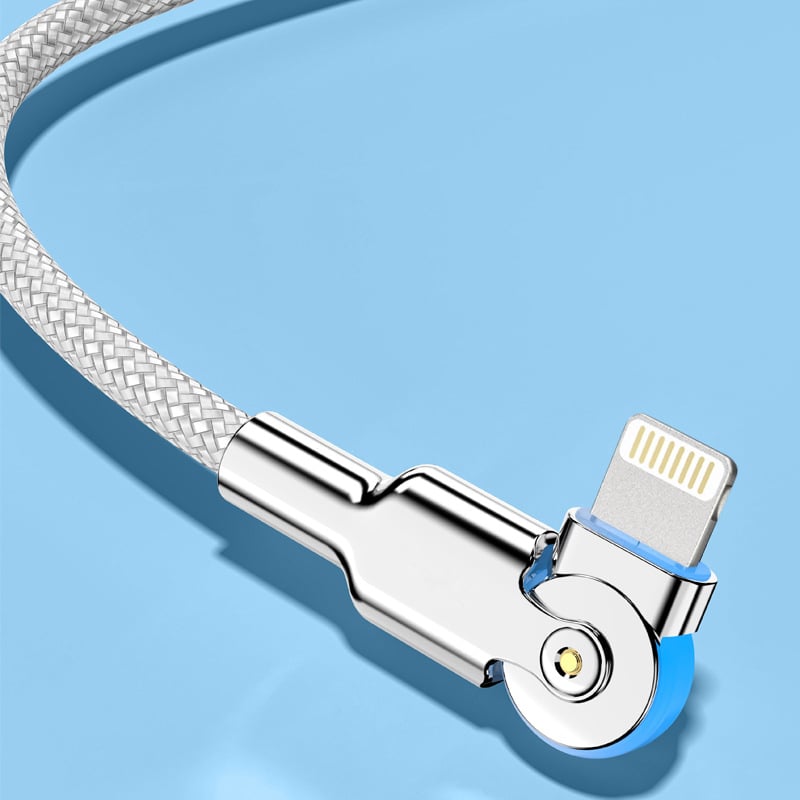 Otočný 3-v-1 dátový kábel zo zliatiny zinku s LED, Type-C/Lightning/Micro-USB, rýchle nabíjanie, jeden konektor, zakrivený dizajn pre hranie na mobile