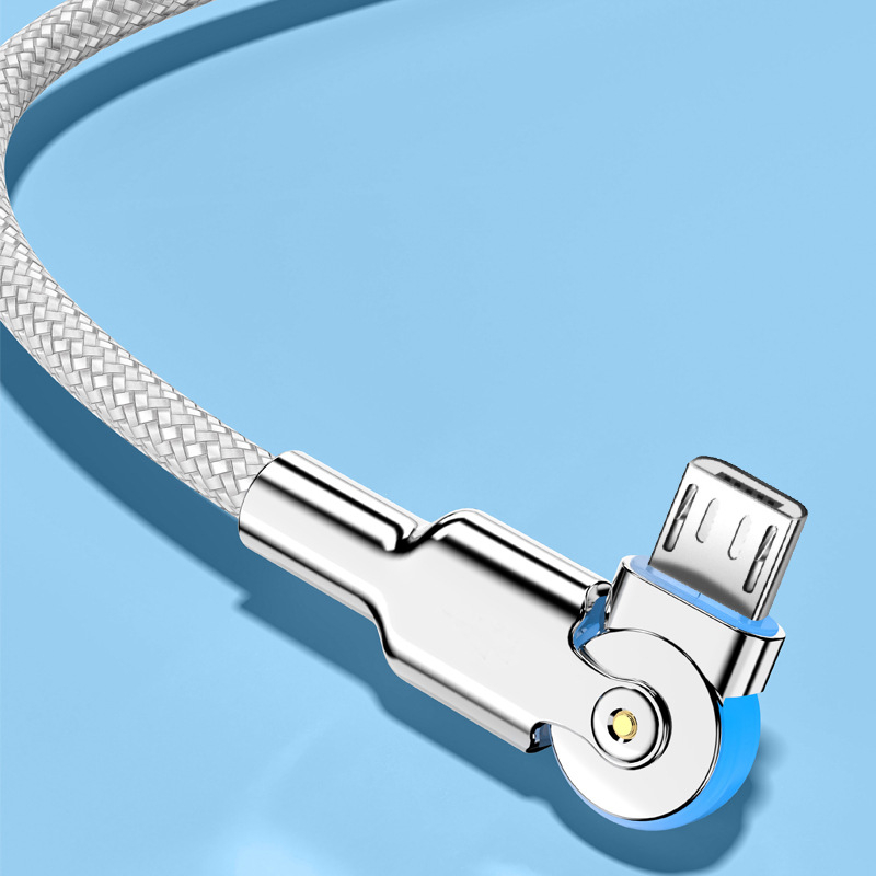 Otočný 3-v-1 dátový kábel zo zliatiny zinku s LED, Type-C/Lightning/Micro-USB, rýchle nabíjanie, jeden konektor, zakrivený dizajn pre hranie na mobile