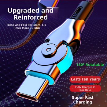 Anflo въртящ се осветен удължен кабел Micro USB и USB-C, бързо зареждане, 65W, плетен кабел, с едно гнездо