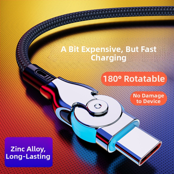 Anflo въртящ се осветен удължен кабел Micro USB и USB-C, бързо зареждане, 65W, плетен кабел, с едно гнездо