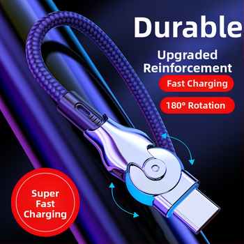 Anflo въртящ се осветен удължен кабел Micro USB и USB-C, бързо зареждане, 65W, плетен кабел, с едно гнездо