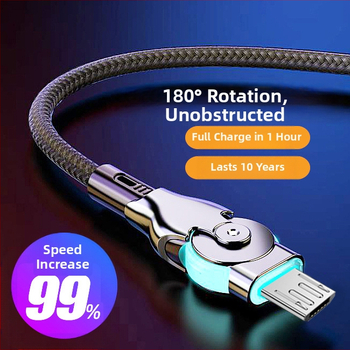 Anflo въртящ се осветен удължен кабел Micro USB и USB-C, бързо зареждане, 65W, плетен кабел, с едно гнездо