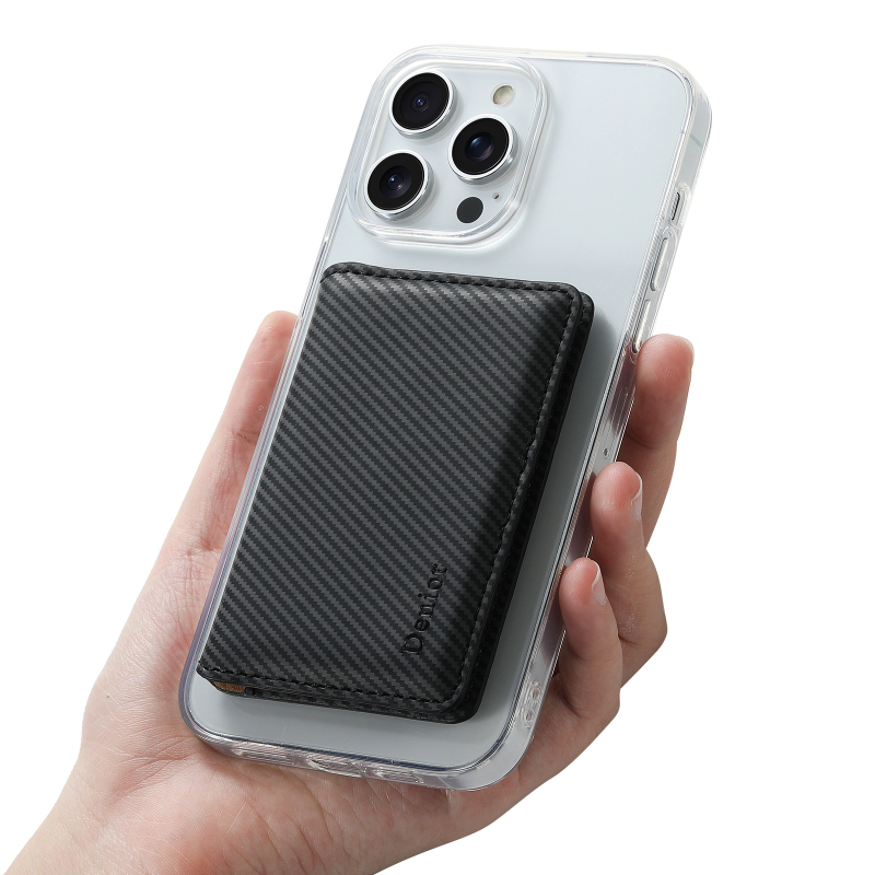 Denior MagSafe stojan na iPhone 12–16 — Ručne vyrobená imitovaná koža, štýl peňaženky, držiak kariet, stojanová funkcia