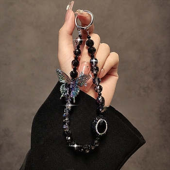 Kristályos telefonpánt gyöngyökkel és pillangó strasszal, kézzel készített, huzalos kötél és fém csat