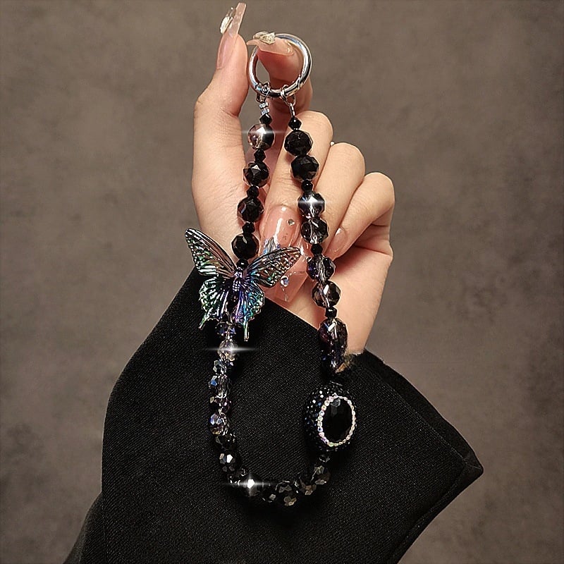 Kristályos telefonpánt gyöngyökkel és pillangó strasszal, kézzel készített, huzalos kötél és fém csat